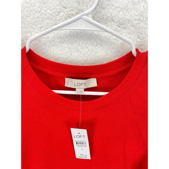 LOFT Women’s Small Viva Red Ruffle‎ Cuff Mixed Media Blouse Crew Neck Office NWT - Picture 3 of 7